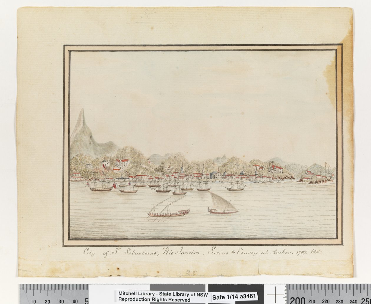 Op. s. 37. `Byen St. Sebastians, Rio Janeiro: Sirius og konvoj ved anker. 1787