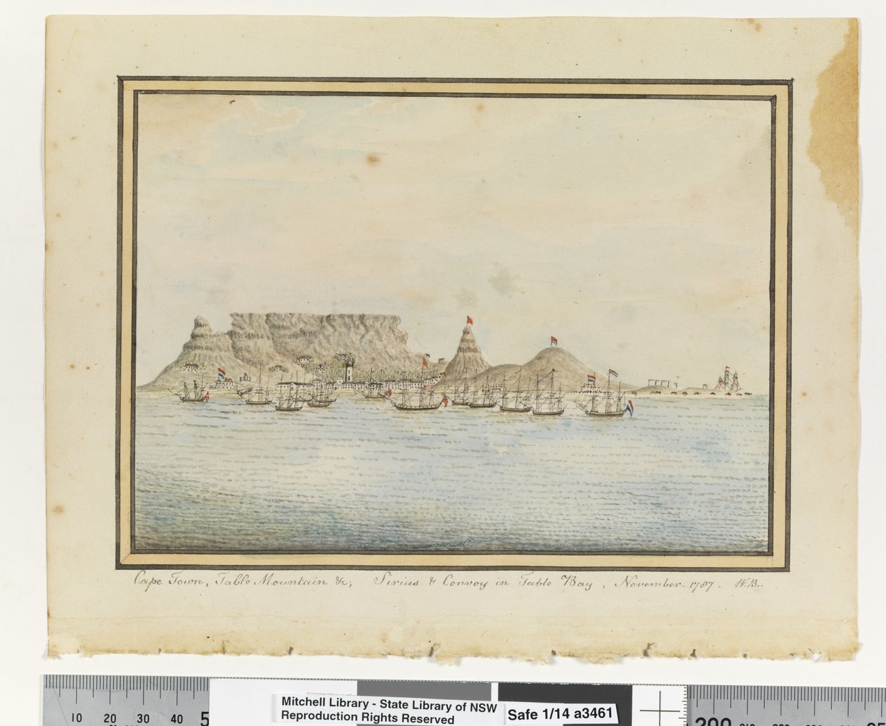 Op. s. 46. `Cape Town, Taffelbjerget &c; Sirius & Convoy i Table Bay, november. 1787