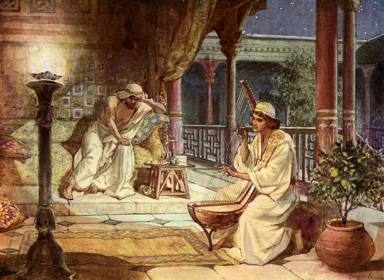 David spiller på harpe for Saul, - Bibelen af William Brassey Hole