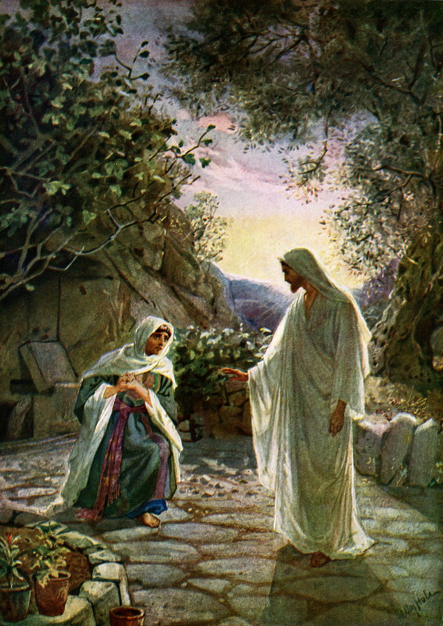 Maria Magdalene taler til den opstandne Jesus - Bibelen af William Brassey Hole
