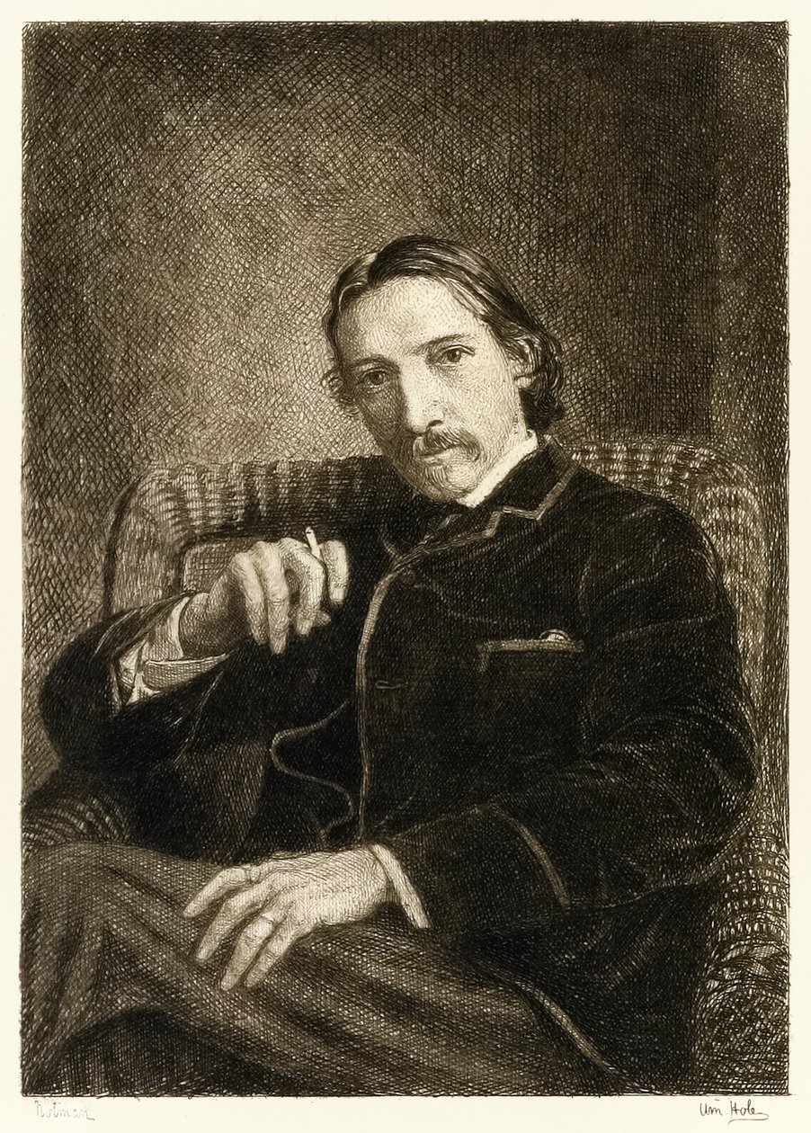 Robert Louis Stevenson (1850-1894) britisk forfatter bedst kendt for sine bestsellerbøger Treasure Island, Kidnapped and the Strange Case of Dr Jekyll and Mr Hyde. Illustration af William Brassey Hole (1 af William Brassey Hole