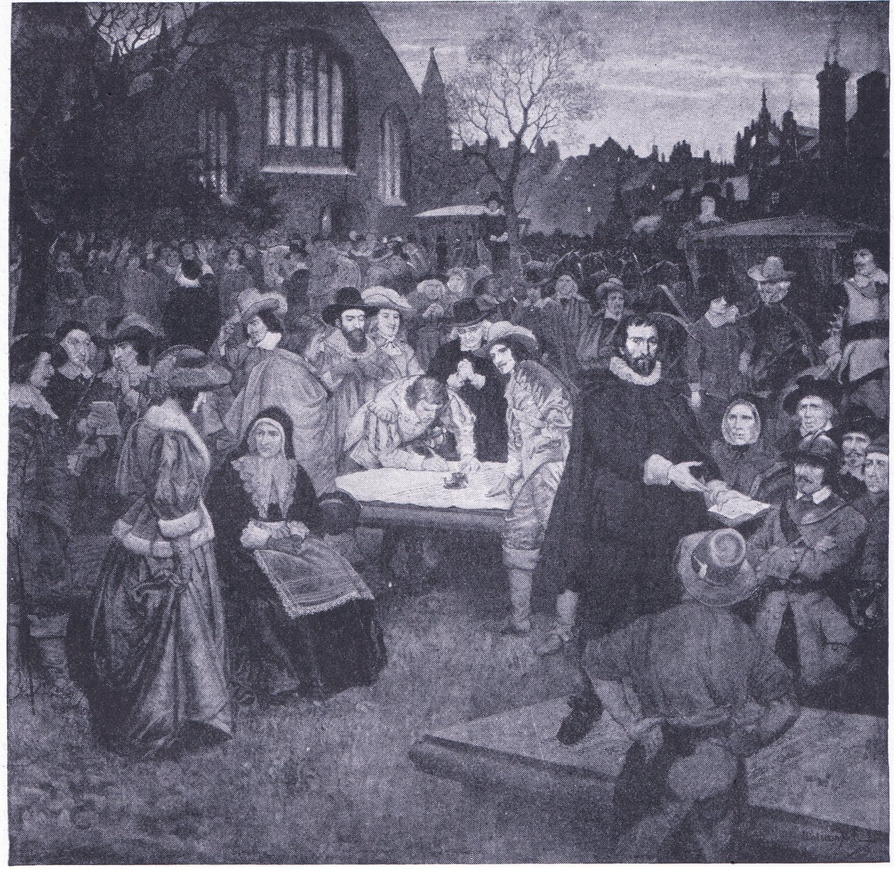 Underskrivelse af den nationale pagt i Greyfriars Churchyard 1638, fra Cassells History of the British People udgivet af Waverley Book Company Limited, ca. 1940 af William Brassey Hole