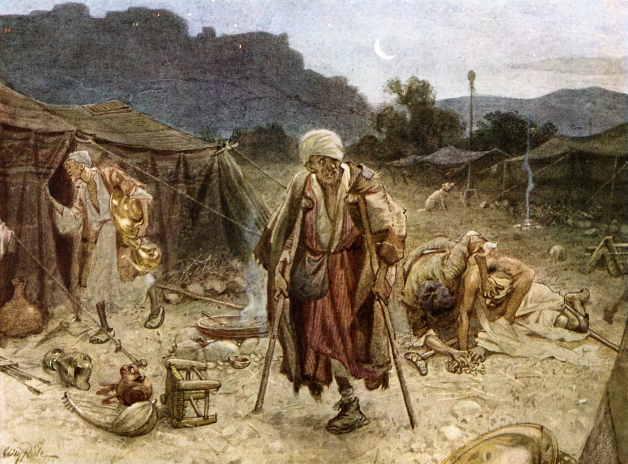 De fire spedalske plyndrer syrernes lejr. - Bibel af William Brassey Hole