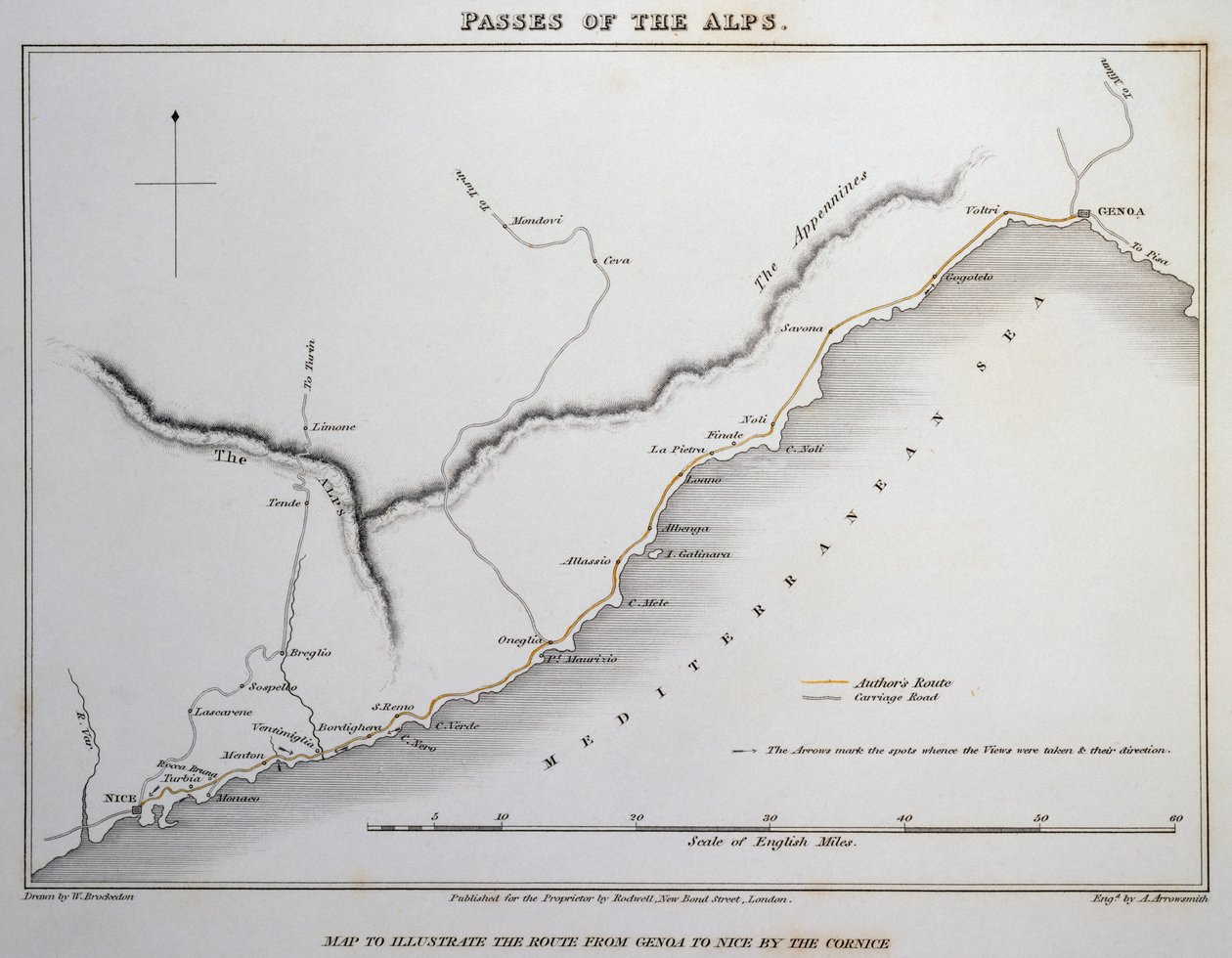 Kort over pas på de maritime alper, kystvejen mellem Genova og Nice, fra Illustrationer af de pas i Alperne, hvormed Italien kommunikerer med Frankrig, Schweiz og Tyskland, af William Brockedon (1787-1854), gravering på kobber, London af William Brockedon
