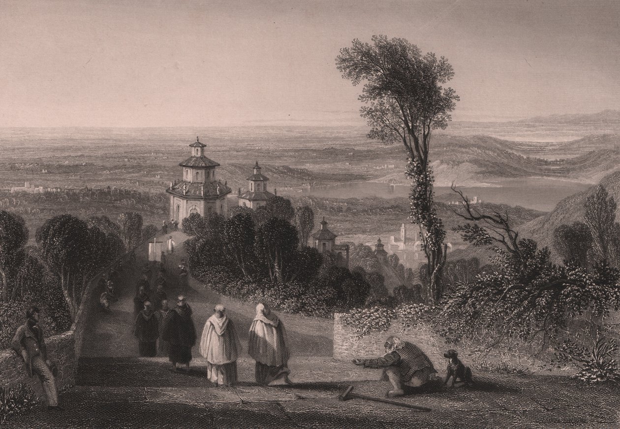 Näkymä Sacro Montesta (Pyhä vuori) Varesessa, Lombardiassa, Italiassa, T Willmoren teräskaiverrus William Brockedonin (1787-1854) piirustuksesta, n. 23x18 cm af William Brockedon