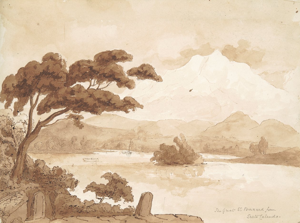 recto: Landskabsscene med sø og bjerge af William Brockedon