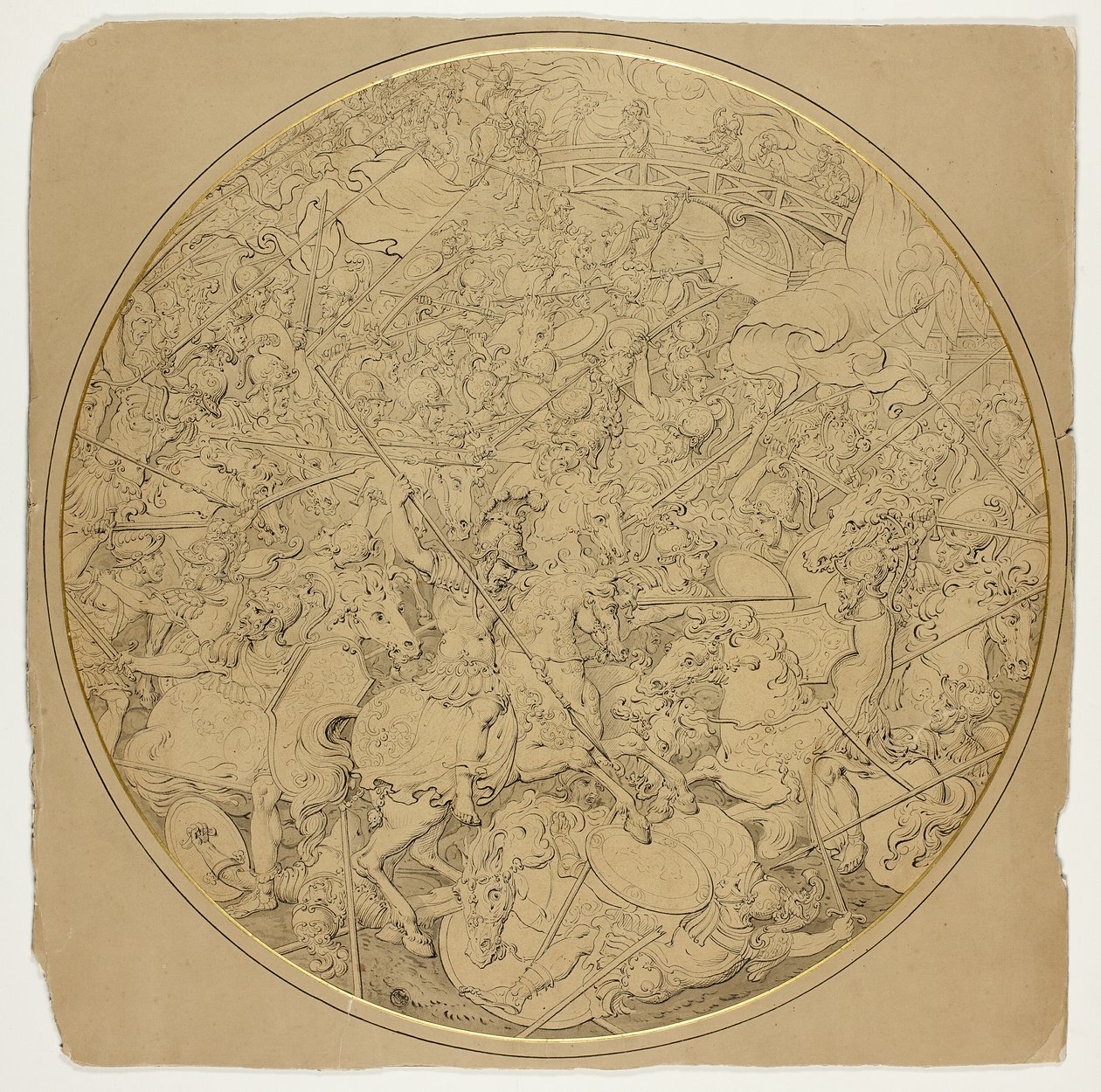 Ceremonielt skjold med historier om Marcus Curtius og Mutius Scaevola af William Burgess