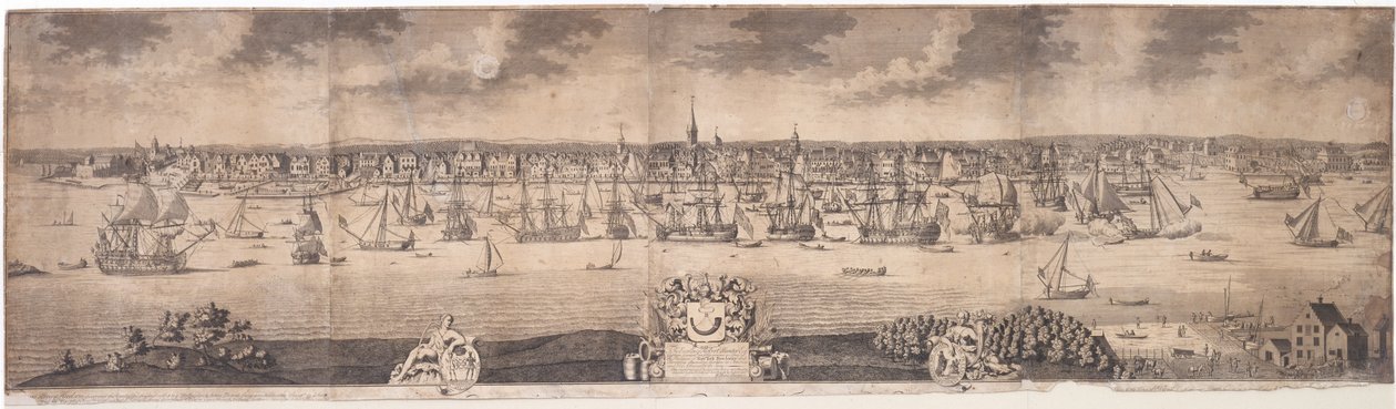 En sydlig udsigt over den blomstrende by New York i provinsen New York i Amerika, graveret af John Harris, 1717-18 af William Burgis