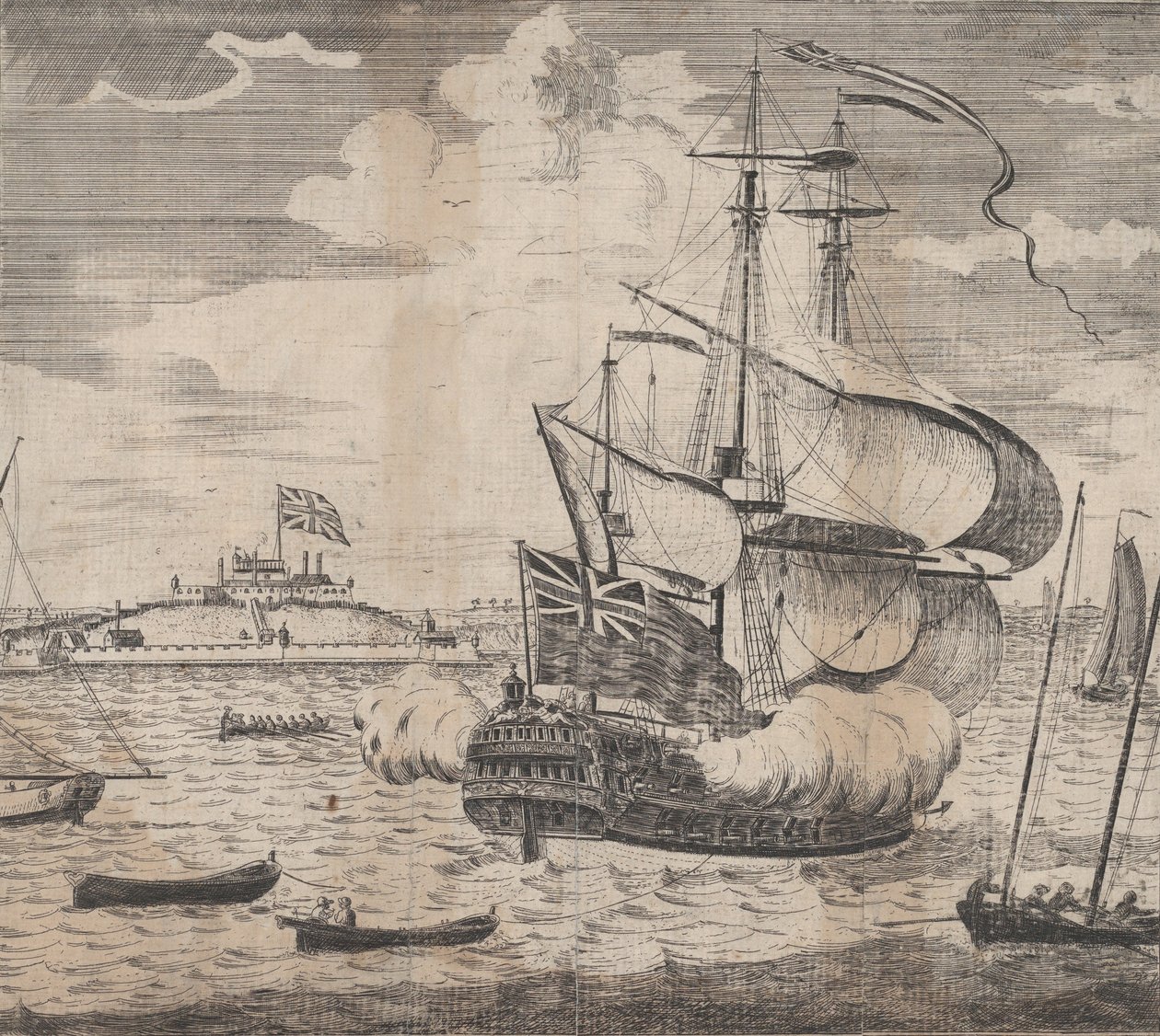 En udsigt over Castle William ved Boston i New England, begyndelsen af det 18. århundrede. af William Burgis.
