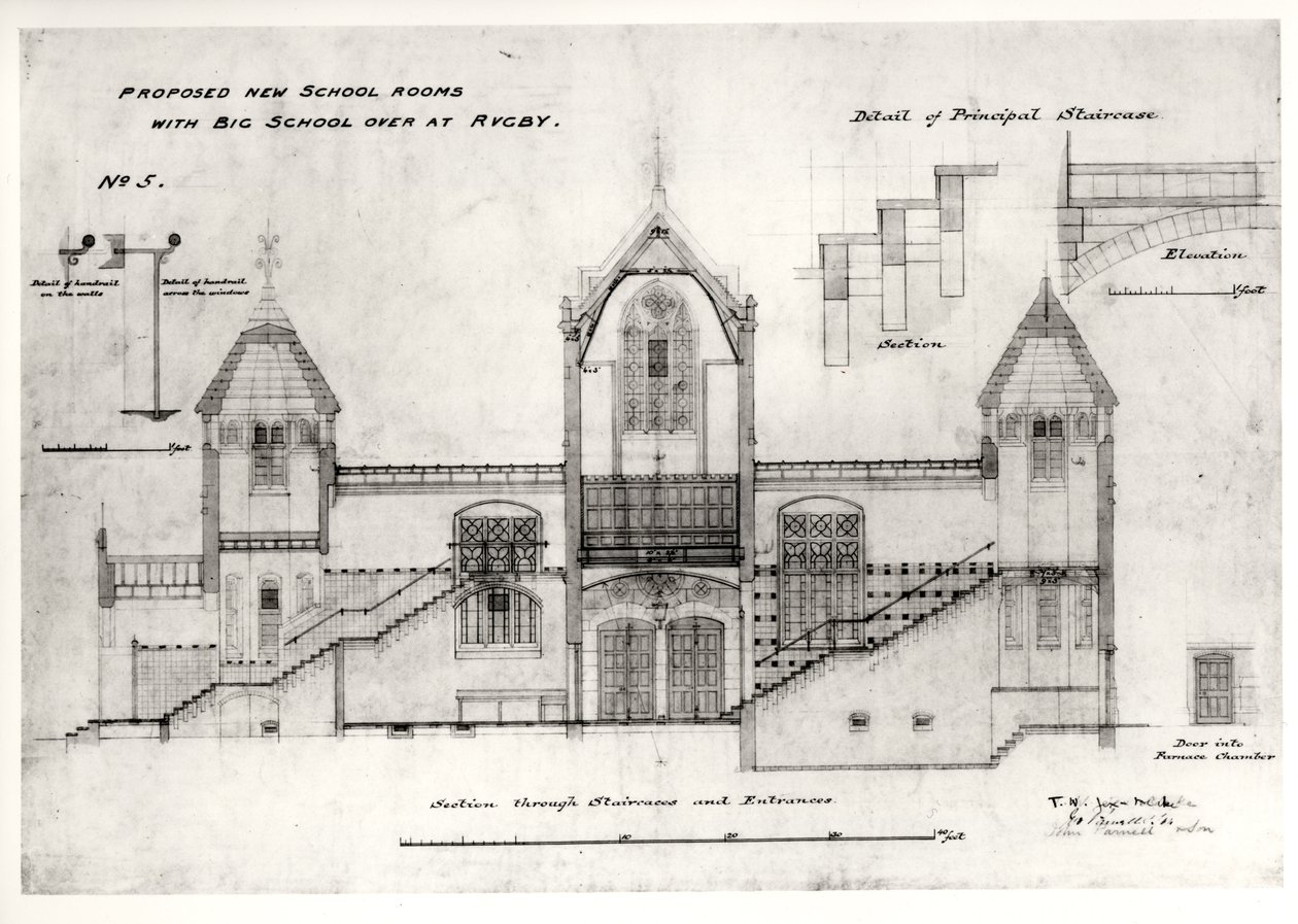 Detaljer om indgange, trapper, døråbning til ovnkammer og gelændere, (New Big School), Rugby School, 1844 (sort blæk, blyant og wc) af William Butterfield