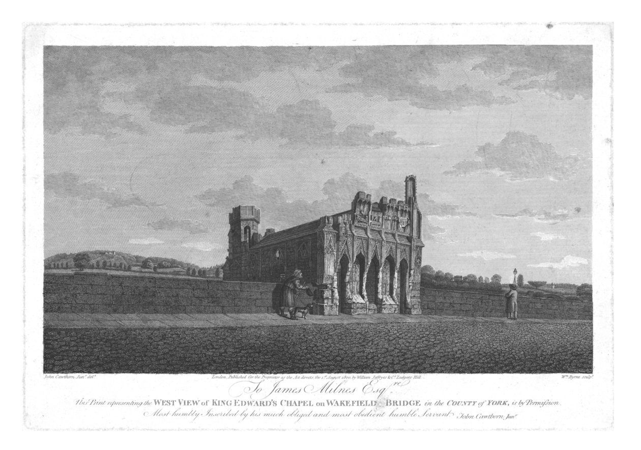 West View af King Edwards Chapel på Wakefield Bridge i County of York, c1800 af William Byrne
