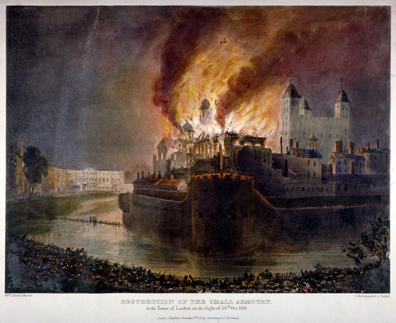 Ødelæggelse af våbenhuset i Tower of London ved brand, 30. oktober 1841 af William C Smith
