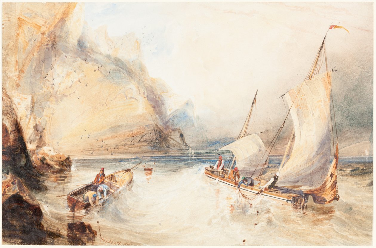 Franske fiskerbåde ud for en klippekyst af William Callow