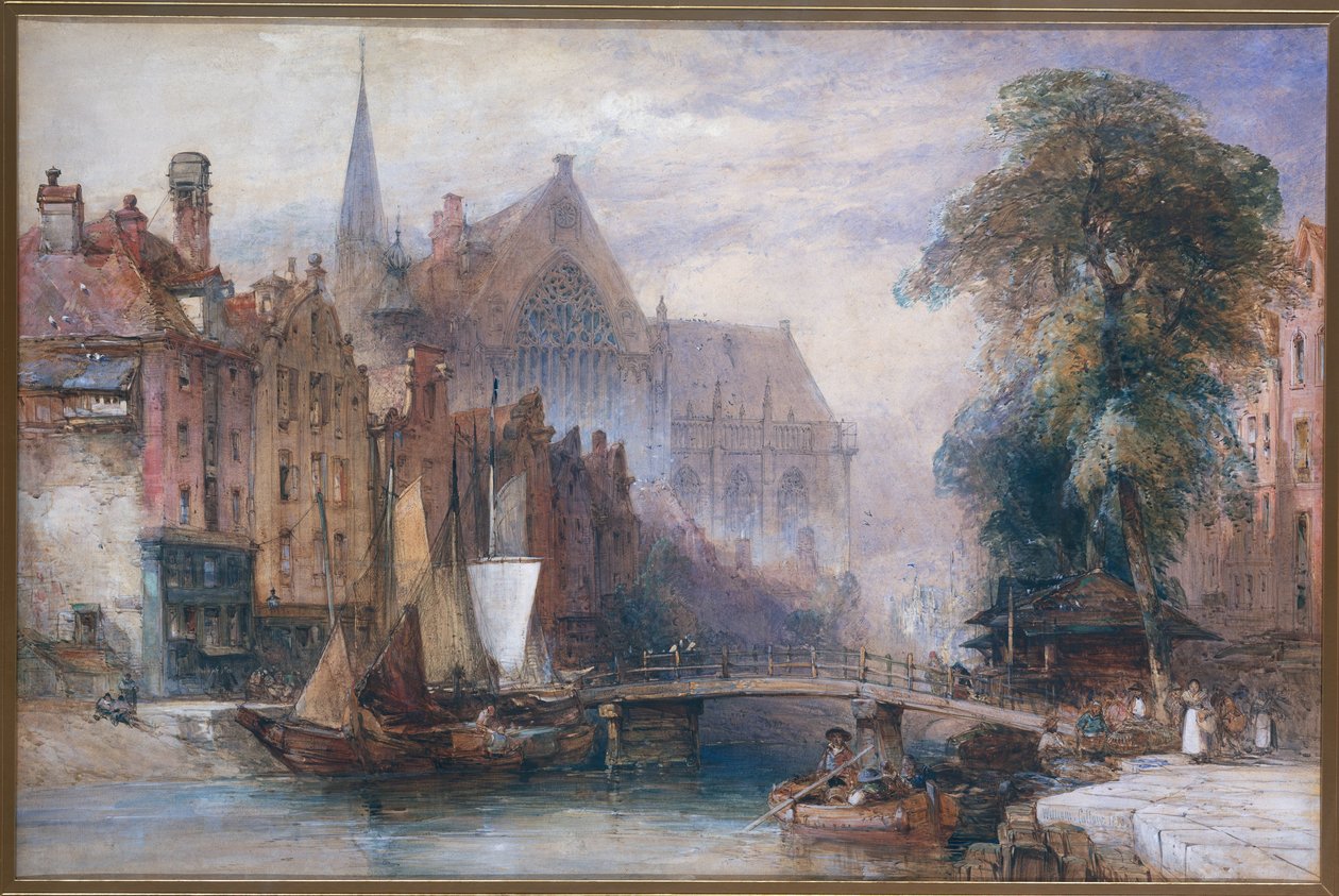 Udsigt over Nieuwe Kerk og Nieuwezijds Voorburgwal i Amsterdam fra nord af William Callow