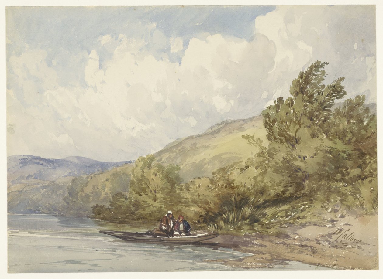 Bakket landskab med en sø og en båd med to figurer af William Callow