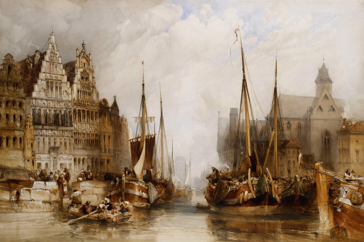 Franc Bateliers huse og St. Nicholas kirke ved kanalen i Gent, 1845 af William Callow