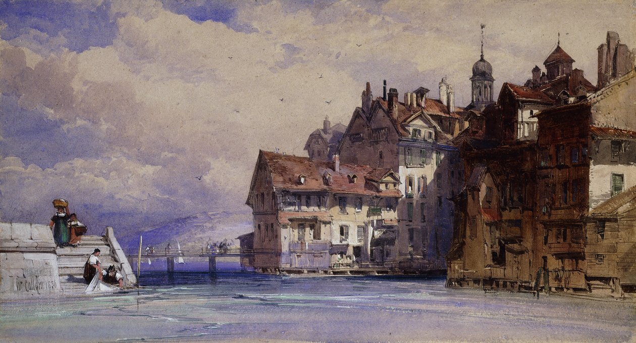 Gamle huse ved Rhone i Genève, 1856 af William Callow