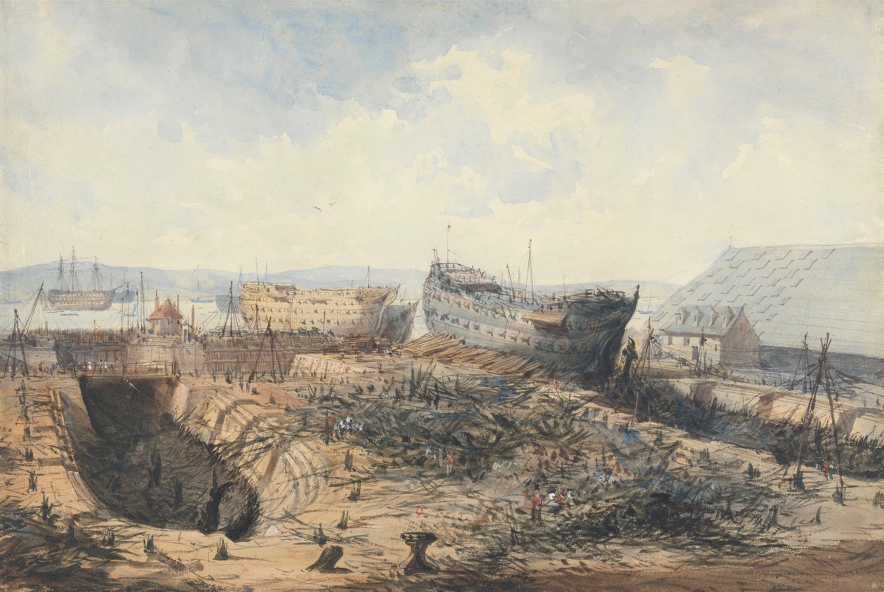 Plymouth Dockyard efter branden af William Callow