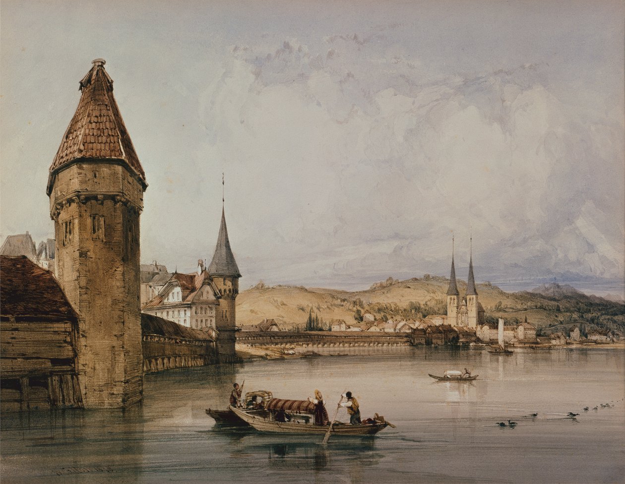 Byen Luzern, ved søen Quatre Cantons af William Callow