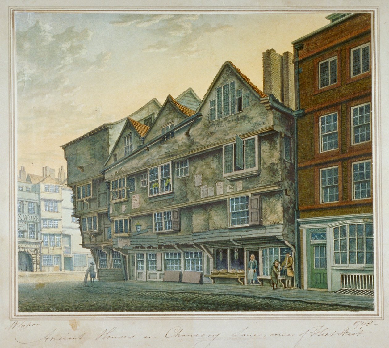 Huse på hjørnet af Chancery Lane og Fleet Street, City of London, 1798 af William Capon