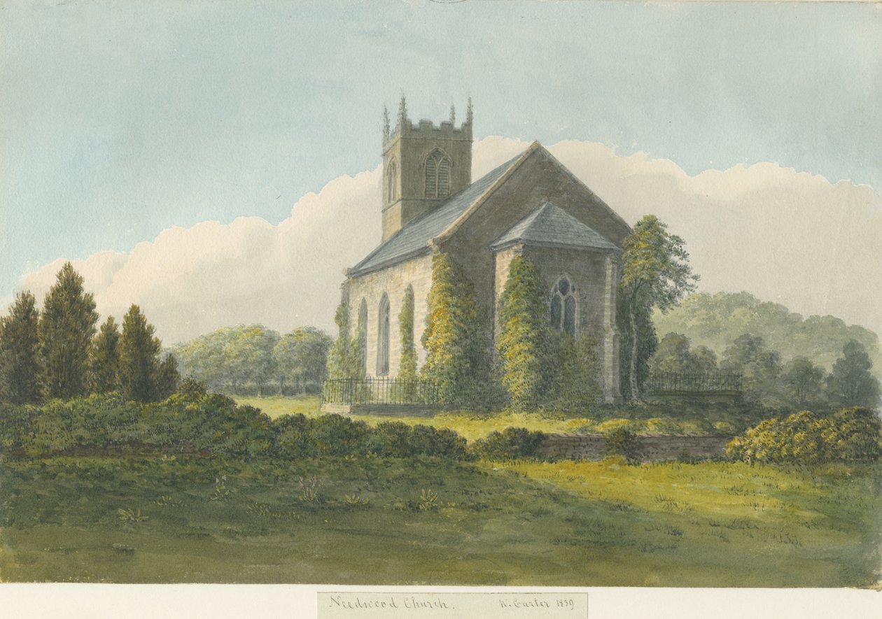 Needwood Church: vandfarvemaleri, 1839 af William Carter