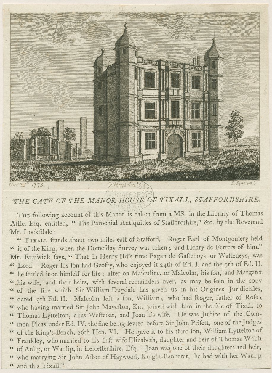Tixall Hall - Gatehouse: gravering, nd [c 1813] (tryk) af William Carter