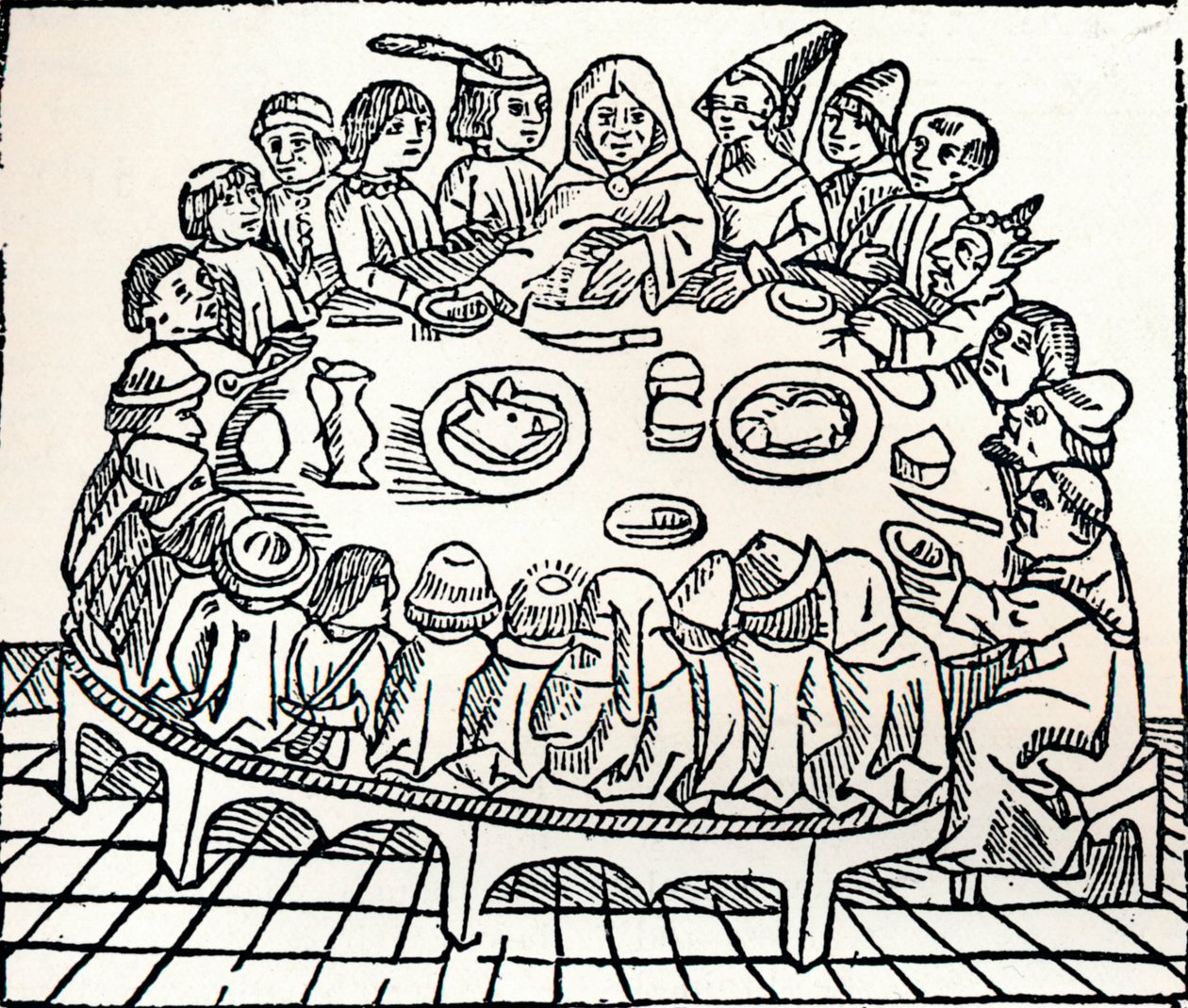 Canterbury-pilgrimmene sætter sig til et fælles måltid, 1485 af William Caxton
