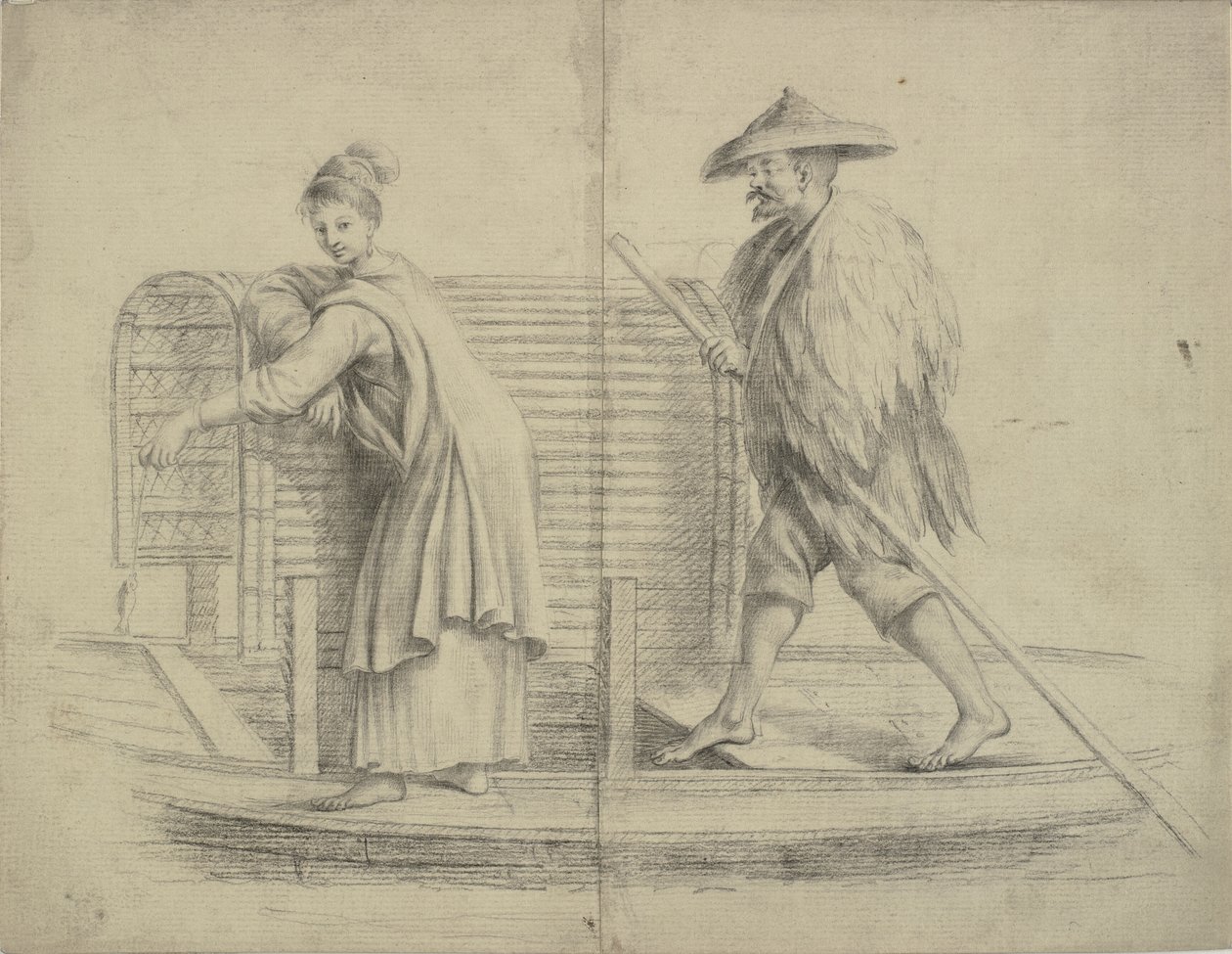 kinesisk scene. Mand og kvinde på en flodbåd af William Chambers