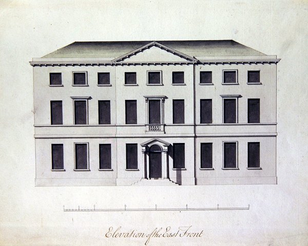 Design til Enville Hall i Staffordshire, ca. 1770 (pen & blæk med gråblå vaske) af William Chambers