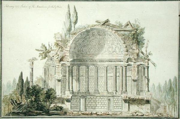 Design til et ødelagt mausoleum for prinsen af Wales (1738-1820) 1752 (pen, blæk og akvarel på papir) af William Chambers