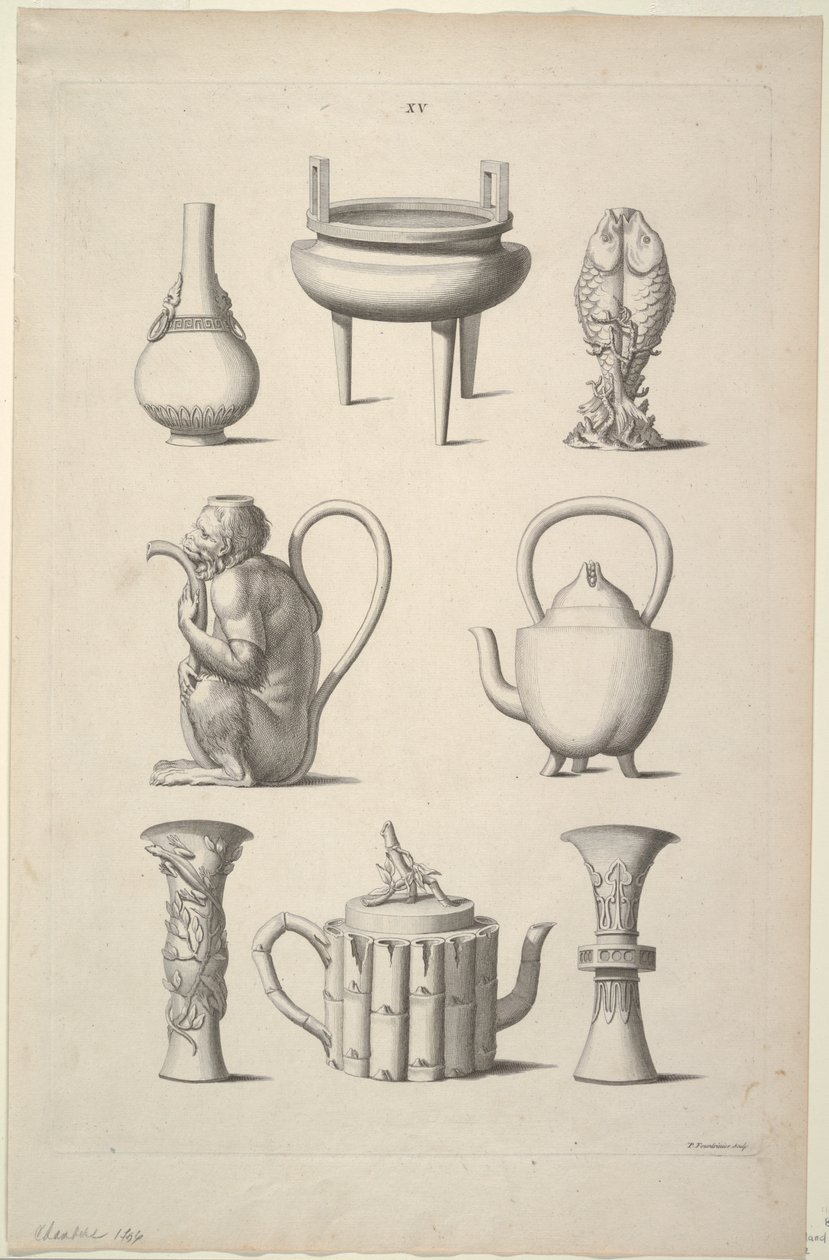 Design til bordservice, plade XV med design af kinesiske bygninger, møbler, kjoler, maskiner og redskaber. af William Chambers