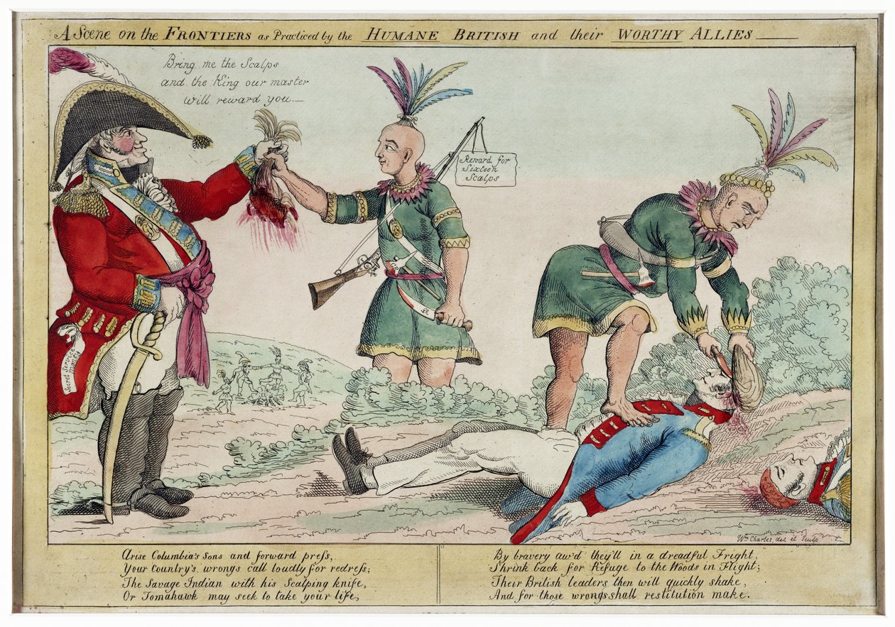 A Scene on the Frontiers som praktiseret af de humane briter og deres værdige allierede, pub. 1812 (håndfarvet gravering) af William Charles
