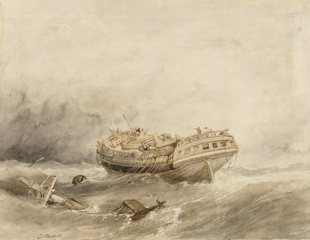 Et handelsskib afspores i den ro, der følger efter stormen. Akvarel (34,4x44,5 cm) af Clarkson Stanfield (1793-1867) af William Clarkson Stanfield
