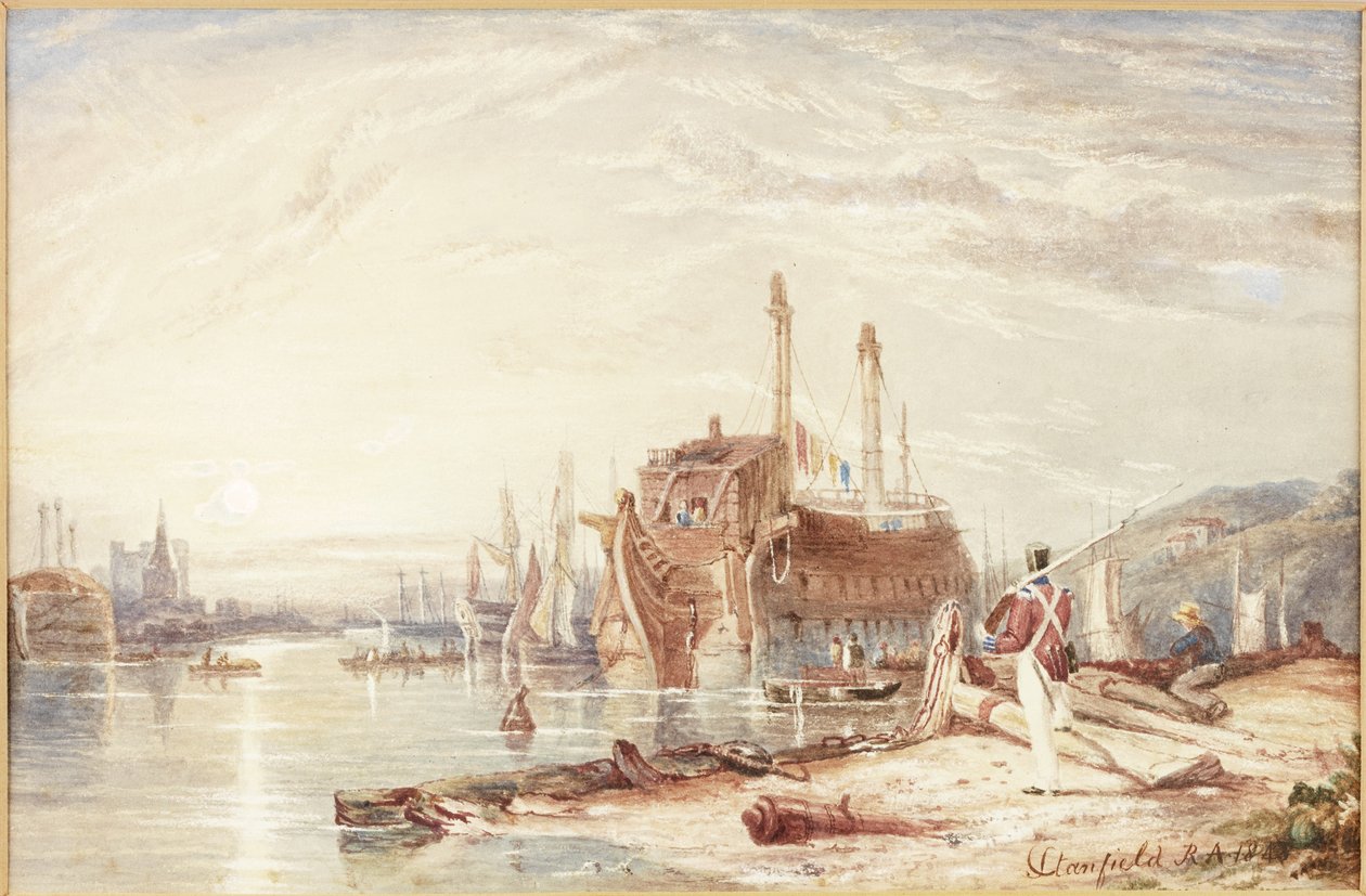 Hulk i Falmouth Harbour (akvarel (hævet med hvidt) på papir) af Clarkson Frederick Stanfield