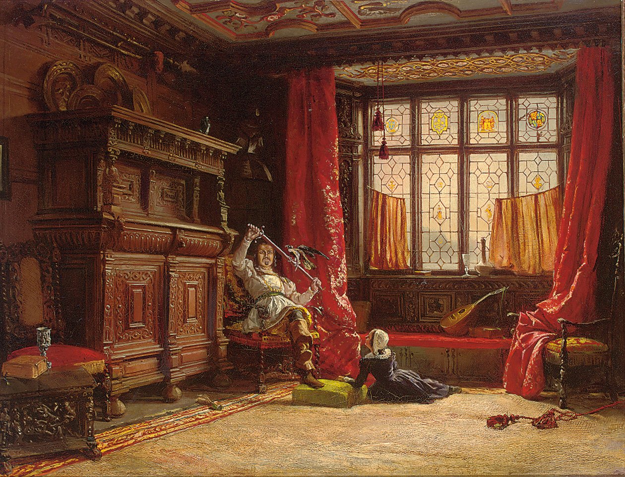 En kavaler i et mørklagt indre, en fugl på sit sværd, 1843 af William Collingwood