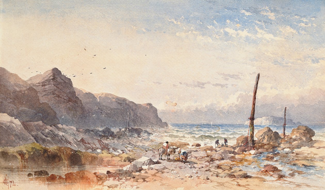 En blæsende dag med fiskere på forstranden, 1874 af William Cook of Plymouth