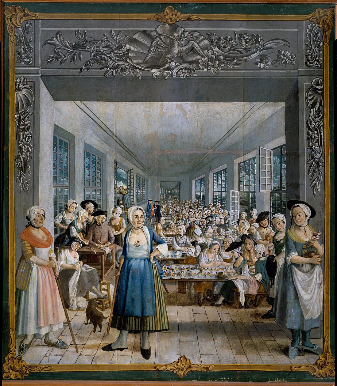 Wetter Brothers Indian Fabric Factory: Arbejderværkstedsmaleri af Joseph Gabriel Rossetti (1700-tallet). 1764 Orange, Musee Municipal - Fremstilling af indisk stof fra Wetters brødre: det kvindelige arbejderværksted. Maleri af Joseph Gabriel Ross af William Crawford