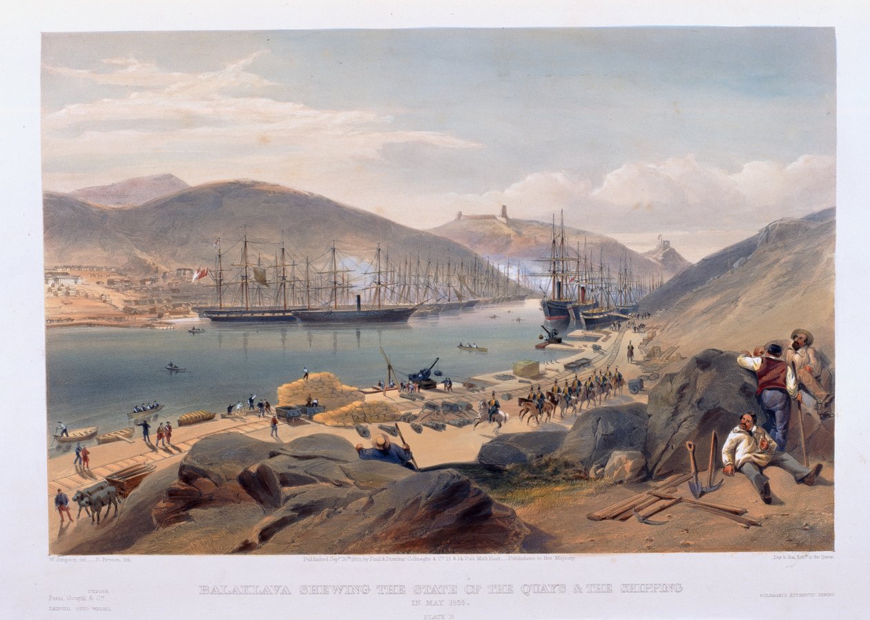 Balaklava, der viser kajens og skibsfartens tilstand i maj 1855 af William Crimea Simpson