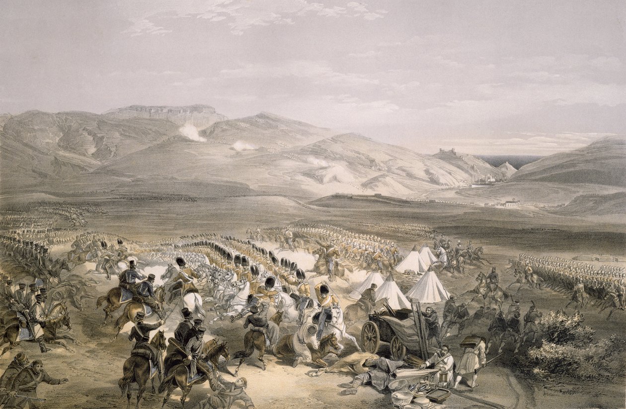 Den tunge kavaleribrigades angreb i slaget ved Balaclava den 25. oktober 1854, graveret af E. Walker, udgivet af E. Walker, pub. 1855 af William Crimea Simpson