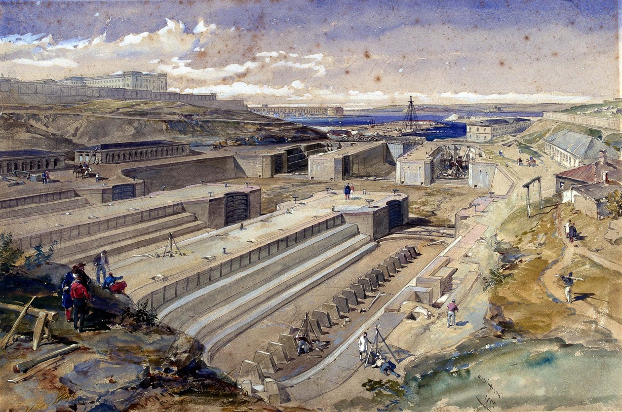 Dokker ved Sebastopol med ruinerne af Fort St. Paul, 1855 af William Crimea Simpson