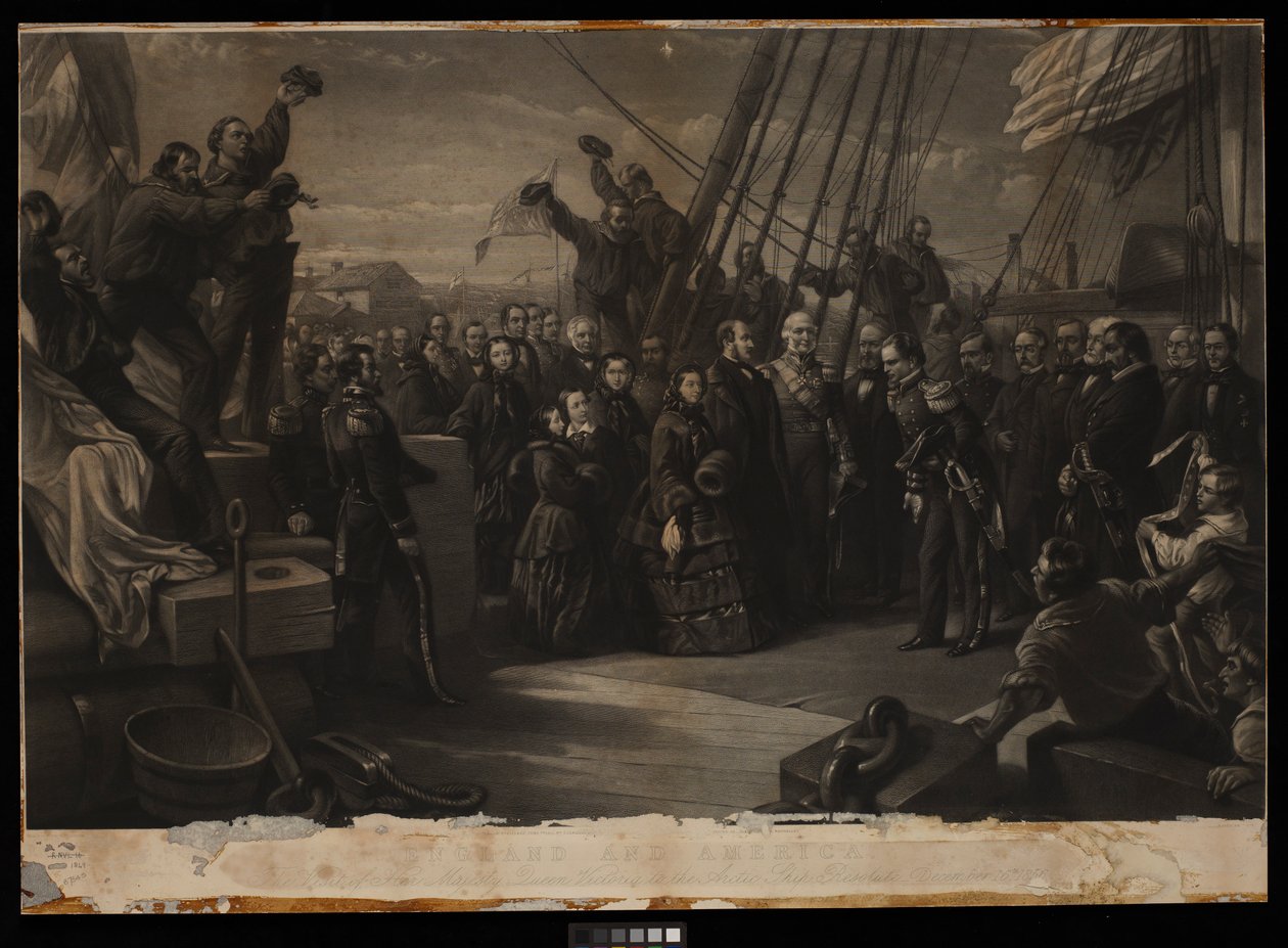 England og Amerika. Hendes Majestæt Dronning Victorias besøg på det arktiske skib Resolute 16. december 1856, ca. 1859 (kobberstik, stiplet, karton) af William 