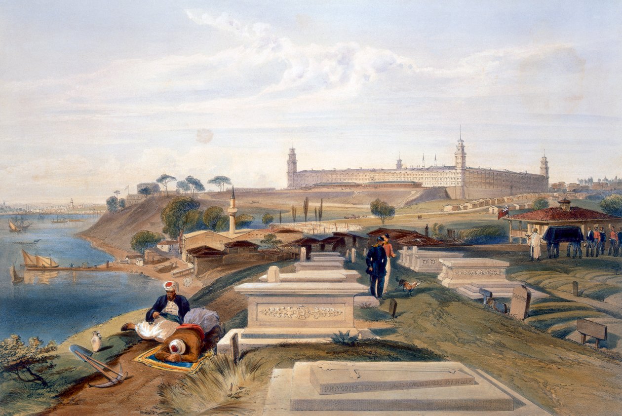 Hospital og kirkegård, Scutari, plade fra "The Seat of War in the East", udgivet af Paul und Dominic Colnaghi und Co., 1856 af William Crimea Simpson
