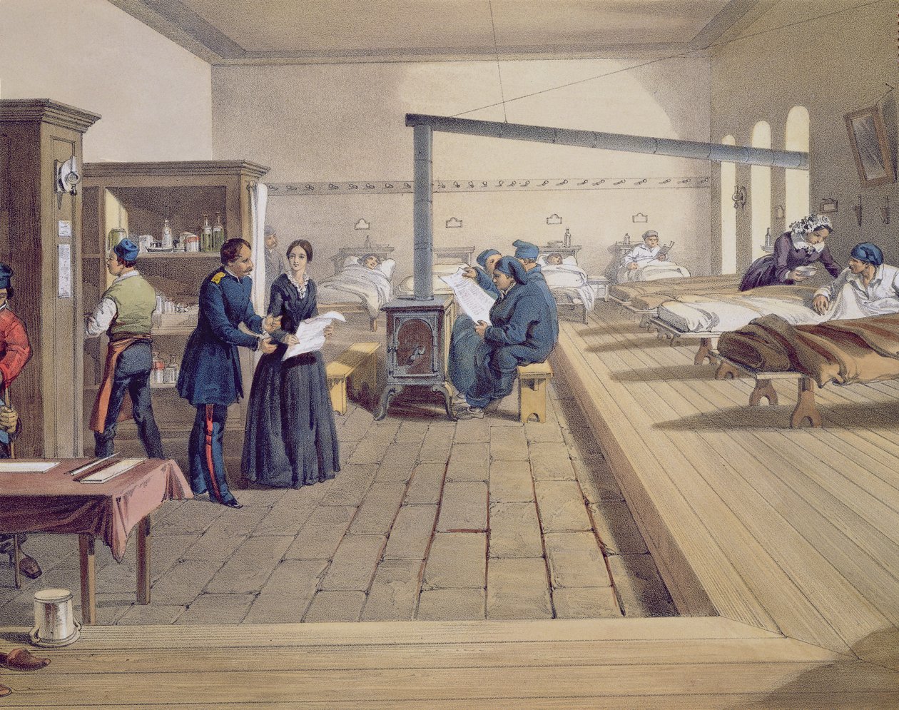 Hospital i Scutari, detalje af Florence Nightingale (1820-1910) på afdelingen, fra The Seat of War in the East, pub. af Paul & Dominic Colnaghi & Co., 1856 (detalje af 121085) af William Crimea Simpson