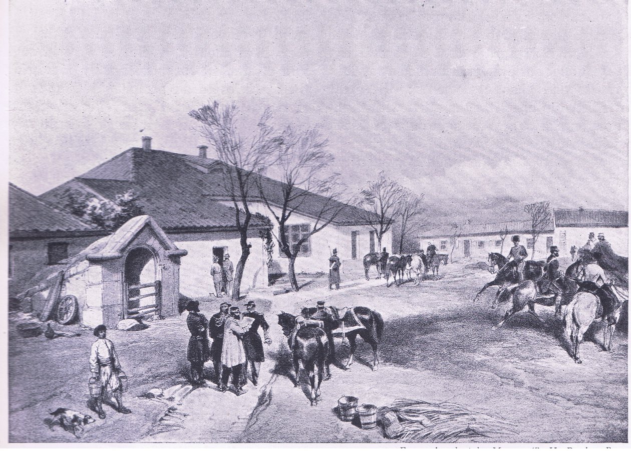 Lord Raglans hovedkvarter ay Khutor-Karagatch, illustration fra British Battles on Land and Sea, 1915 af William Crimea Simpson
