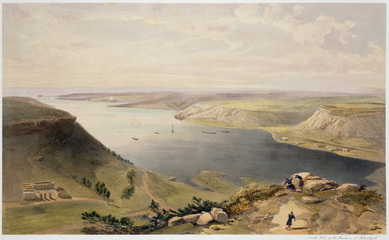 Nordsiden af Sebastopol Havn, plade fra "The Seat of War in the East", udgivet af Paul und Dominic Colnaghi und Co., 1856 af William Crimea Simpson