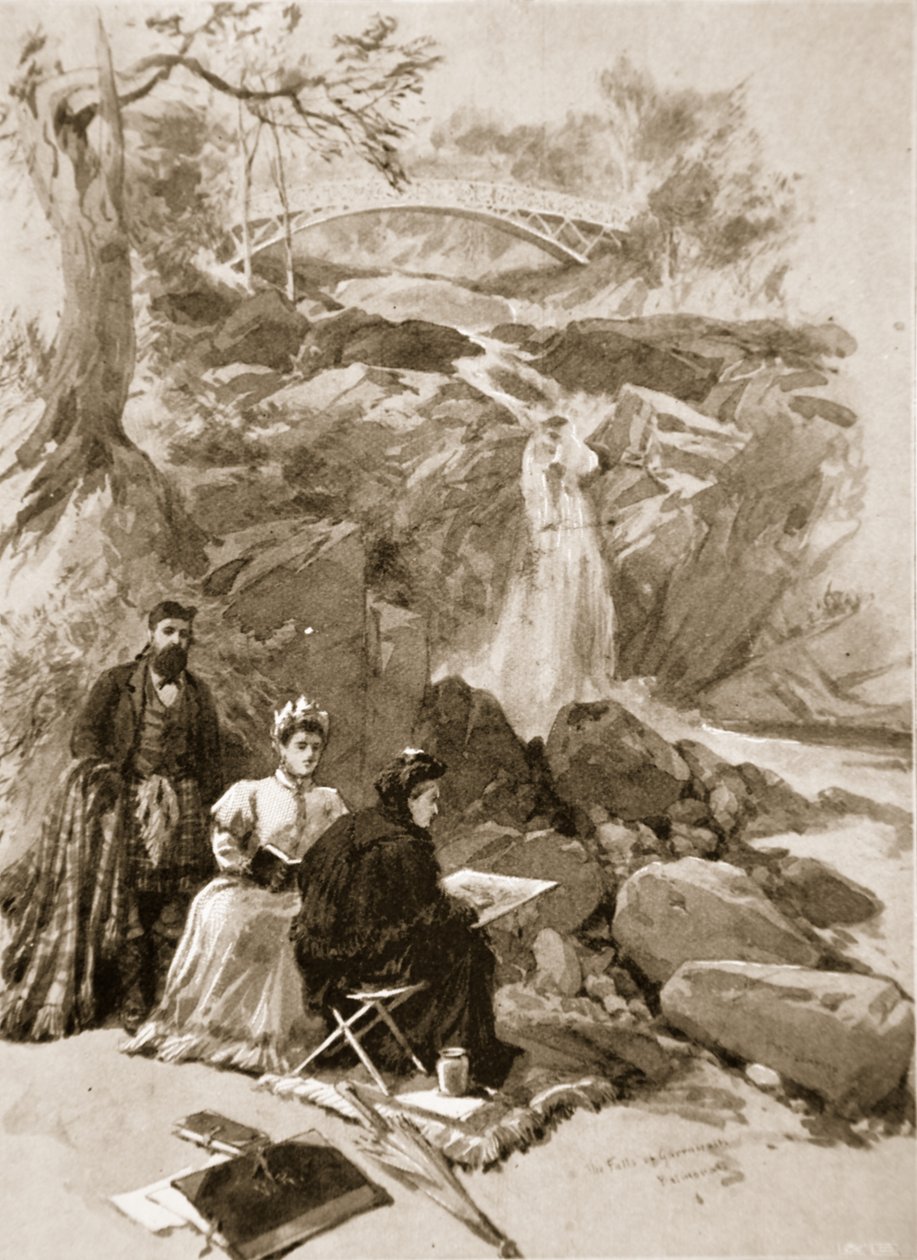 Dronning Victoria som kunstner: Hendes Majestæt skitserer Falls of Garrawalt, Braemar af William Crimea Simpson