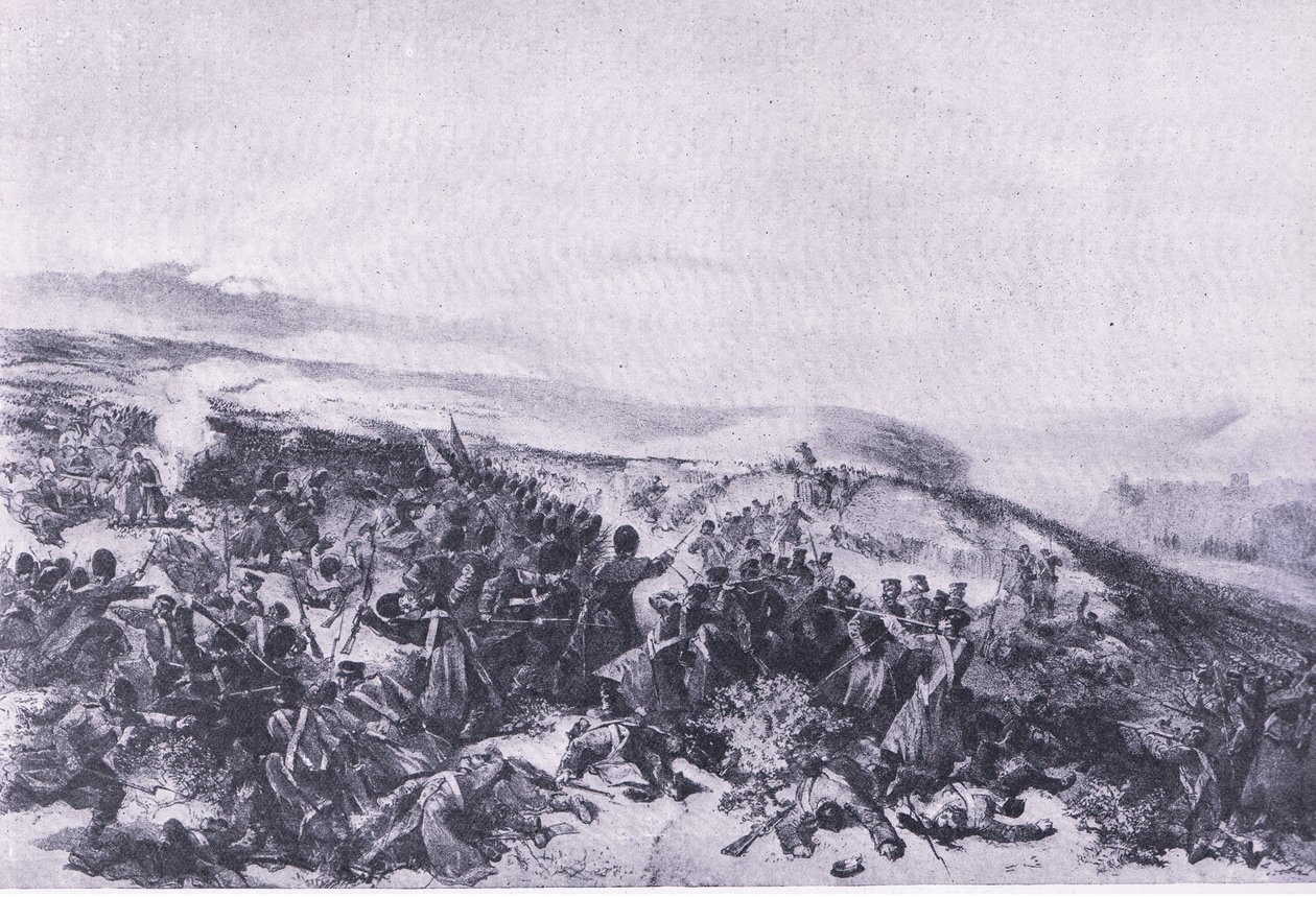 Anden anklage fra vagterne, da de gentog de to pistolbatterier i slaget ved Inkerman, illustration fra British Battles on Land and Sea, 1915 af William Crimea Simpson