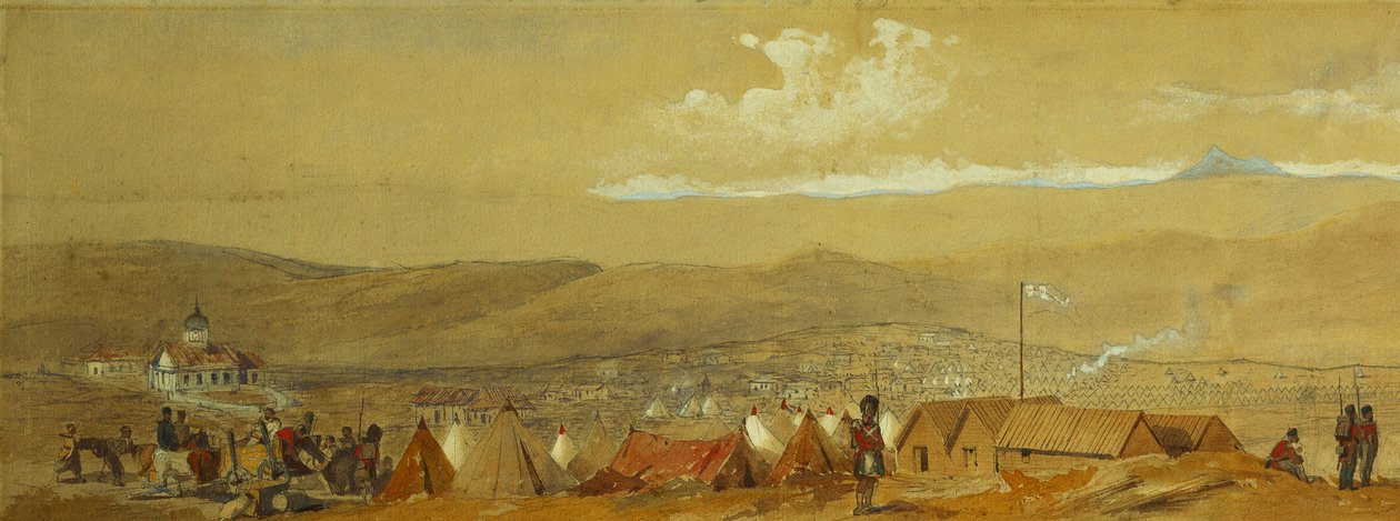 Krim: Panoramaudsigt over Sebastopol, der viser de militære lejre og havnen; og en panoramaudsigt over Inkerman, der viser en militærlejr og kavaleri ved daggry, af William Crimea Simpson