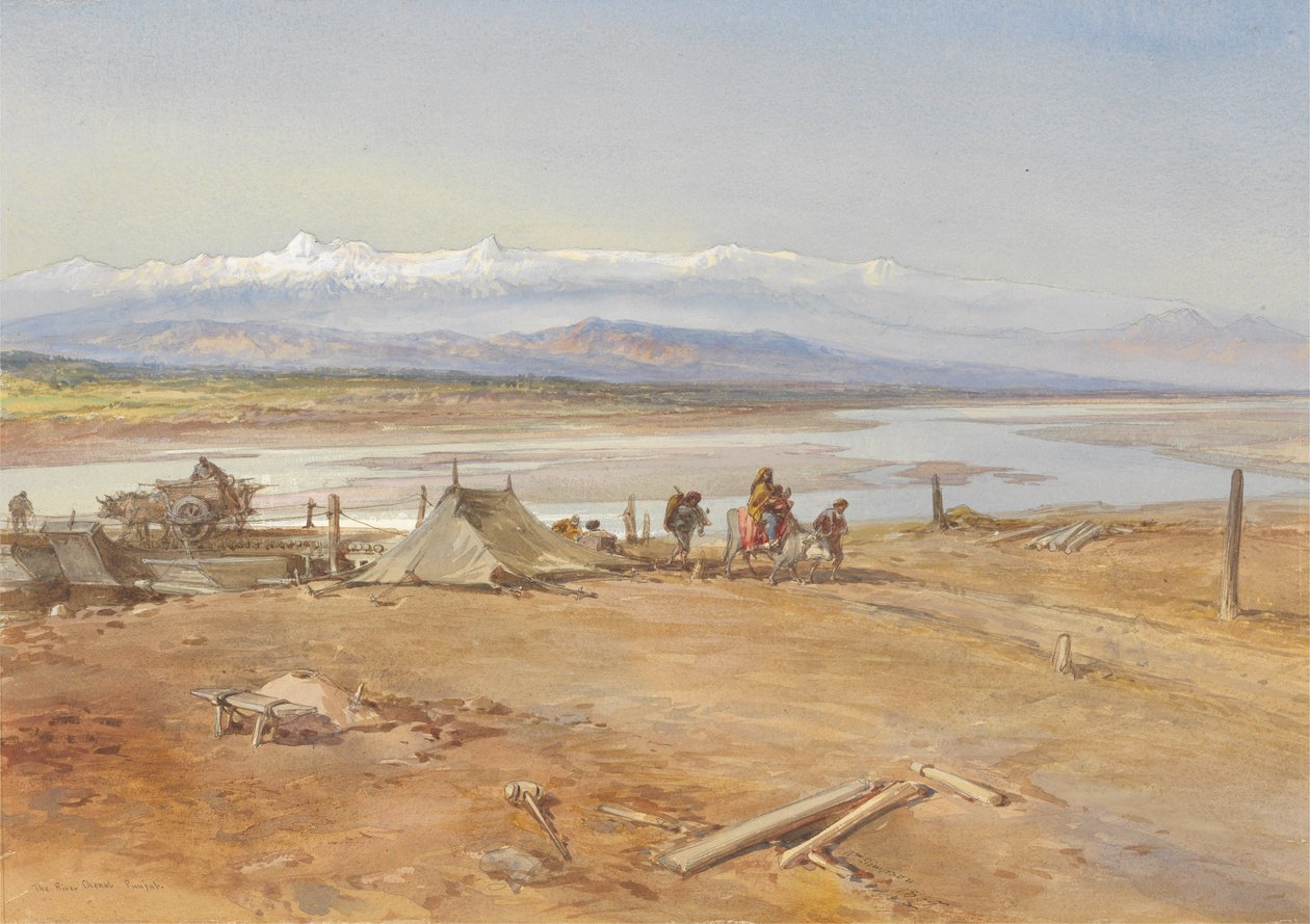 The River Chenab, Punjab, 1865 (wc & gouache på papir) af William Crimea Simpson