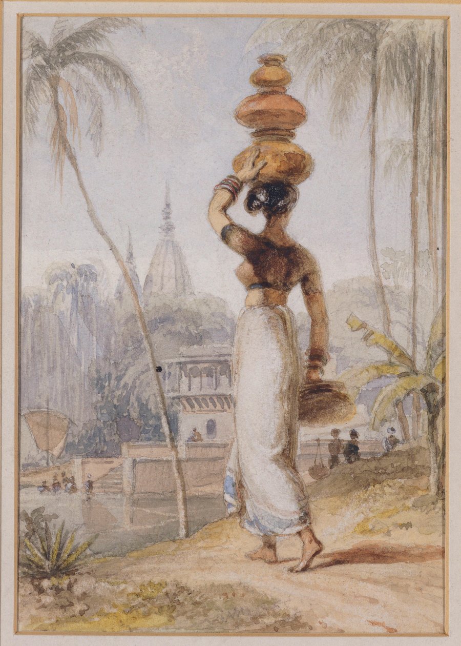 En hinduistisk kvinde bærer en vandpotte (blyant og akvarel) af William Daniell